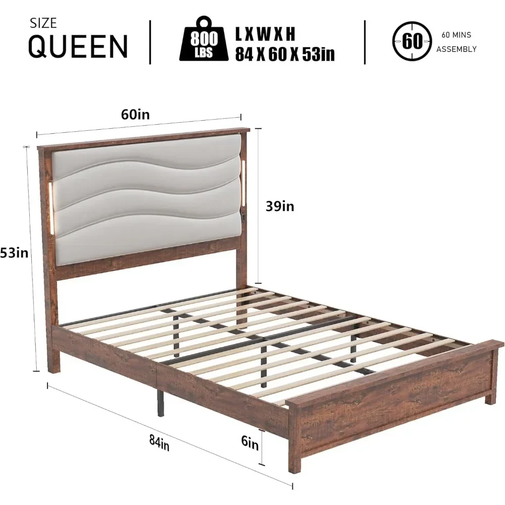 Queen Size Bed Frame with Upholstered Headboard, Queen Platform Bed with Charging Station and LED Lights, Beige Linen