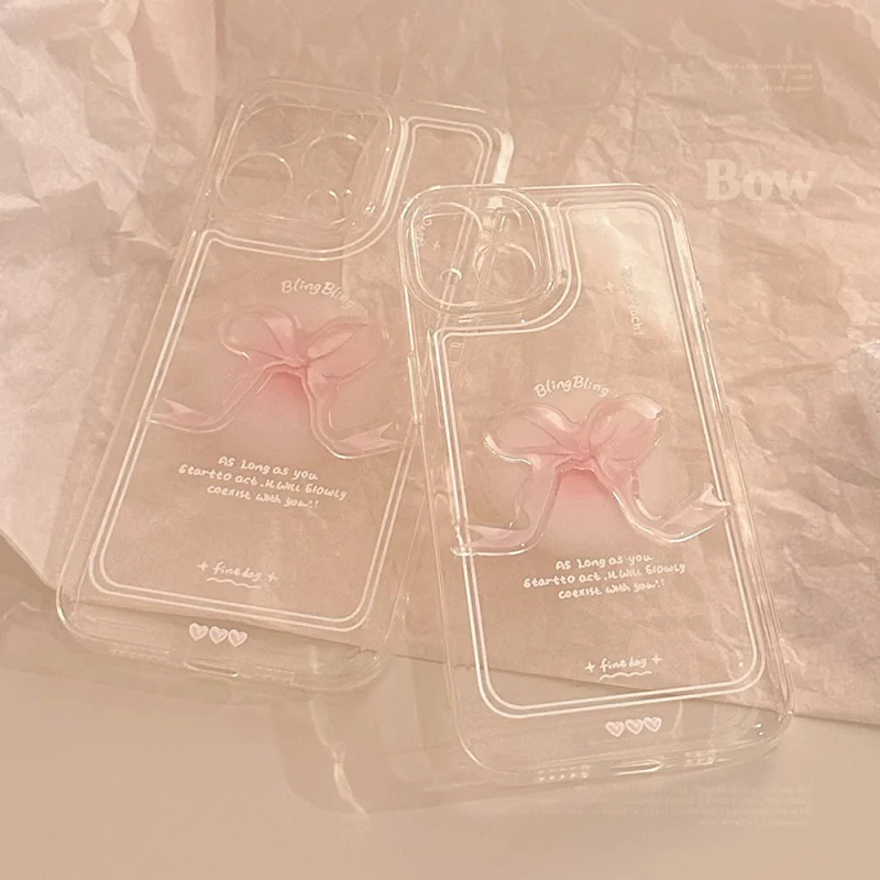 

3D Pink Bow Suitable foriPhone17Phone case16Apple15promaxTransparent11Delivery14Huawei