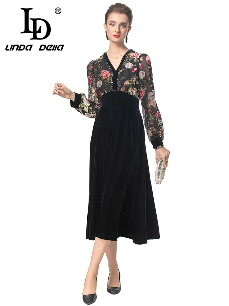 LD LINDA DELLA Women\'s Fashion Commuter Dress Long Sleeved High waist Beading Slim V-neck Floral-Print S-4XL Dresses