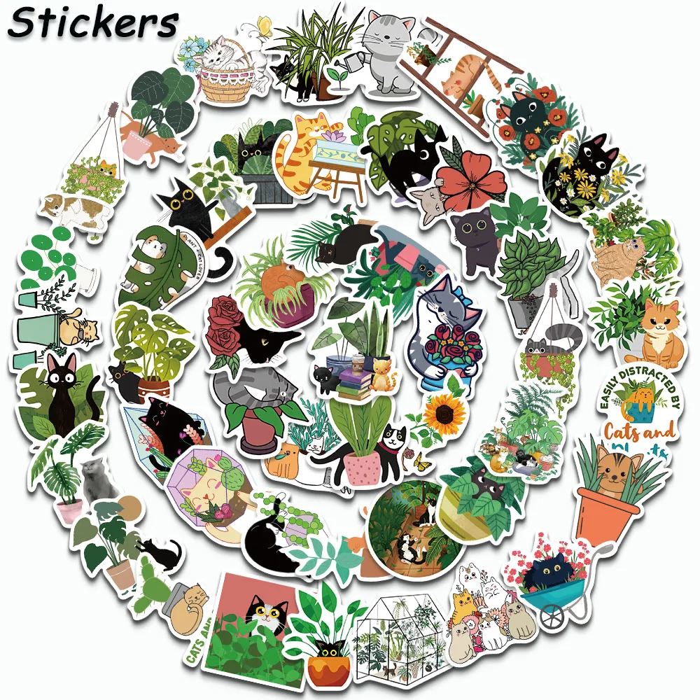 

50PCS Cartoon Cats and Plants Stickers Green Healing System Decals For Luggage Laptop IPad Skateboard Journal Gift Waterproof