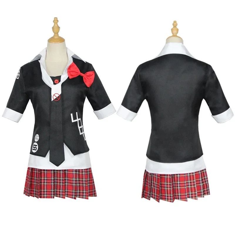 Danganronpa Enoshima Junko Full Cosplay Costume High School Student Uniform Cafe Work Clothes Short Skirt Ponytail Wig