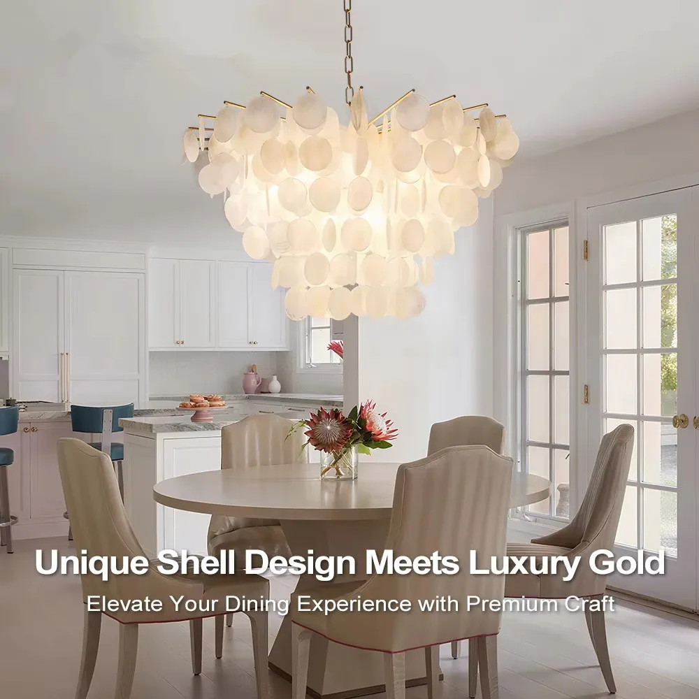 Luxury Round White Shell Chandelier Led Gold Wind Chime Lamp For Living Dining Room Bedroom nordic Homestay Hotel Rural Lamp