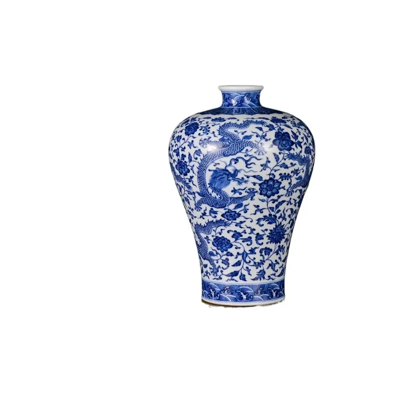Ceramic handmade blue and white dragon pattern plum vase, retro home decoration, antique antique porcelain