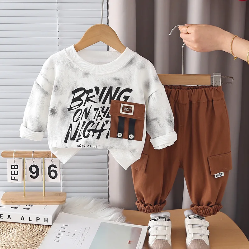 2026 Spring Hot Sale Toddler Boys 2pcs Outfit 1-5T Casual Letter Print Pocket Long Sleeve Sweatshirt and Pants Kids Clothes Set