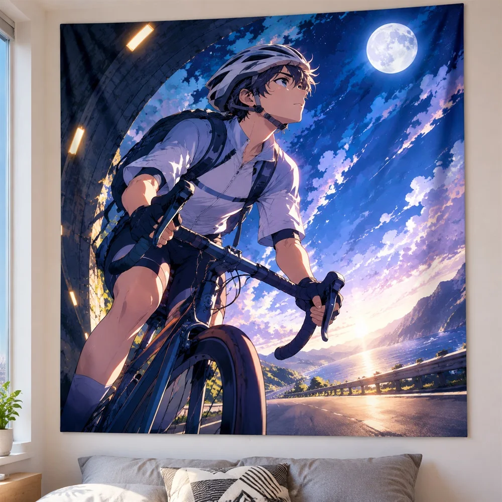 VIKAMA Road Bike Boy Anime Tapestry Wall Hanging, Aesthetic Sporty Anime Room Decor Tapestries for Bedroom Living Room Study