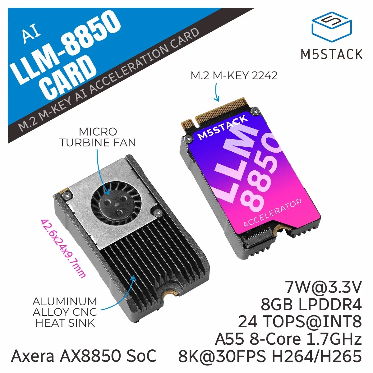 M5Stack LLM-8850 Card with AI Acceleration Card Equipped with Axera AX8850 SoC