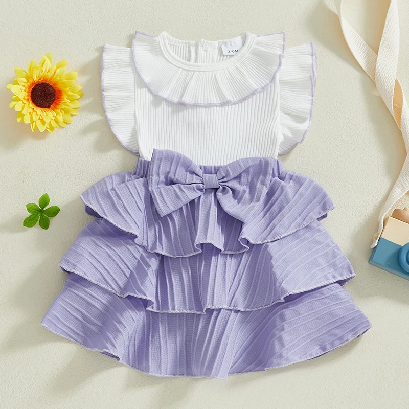 1-4Y Baby Girl Summer Sweety Princess Dress Casual Short Sleeve Doll Collar Bow Front Dress Toddler Kids Patchwork Cake Dress