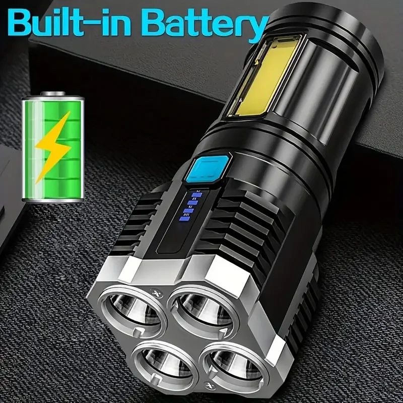 LED Flashlight High Power Camping Torch with 4 Lamp Beads COB Side Light Rechargeable USB Hand Lantern For Outdoor Lighting