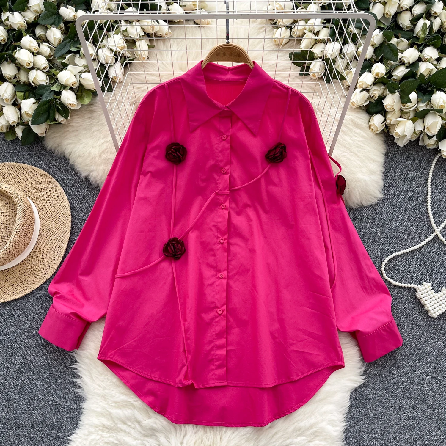 

women 3D flower shirts lady long sleeve cotton tops