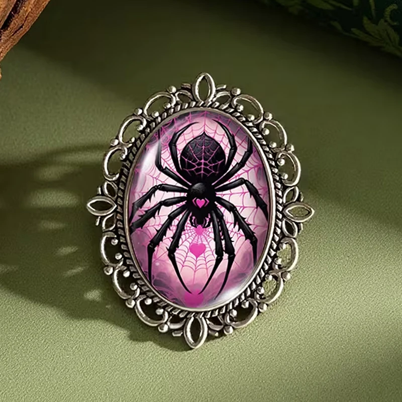 Gothic Halloween Brooch Silver Plated Oval Ghost Spider Cat Pin Cute Hollow Badge Jewelry for Women Teens Dress Gift