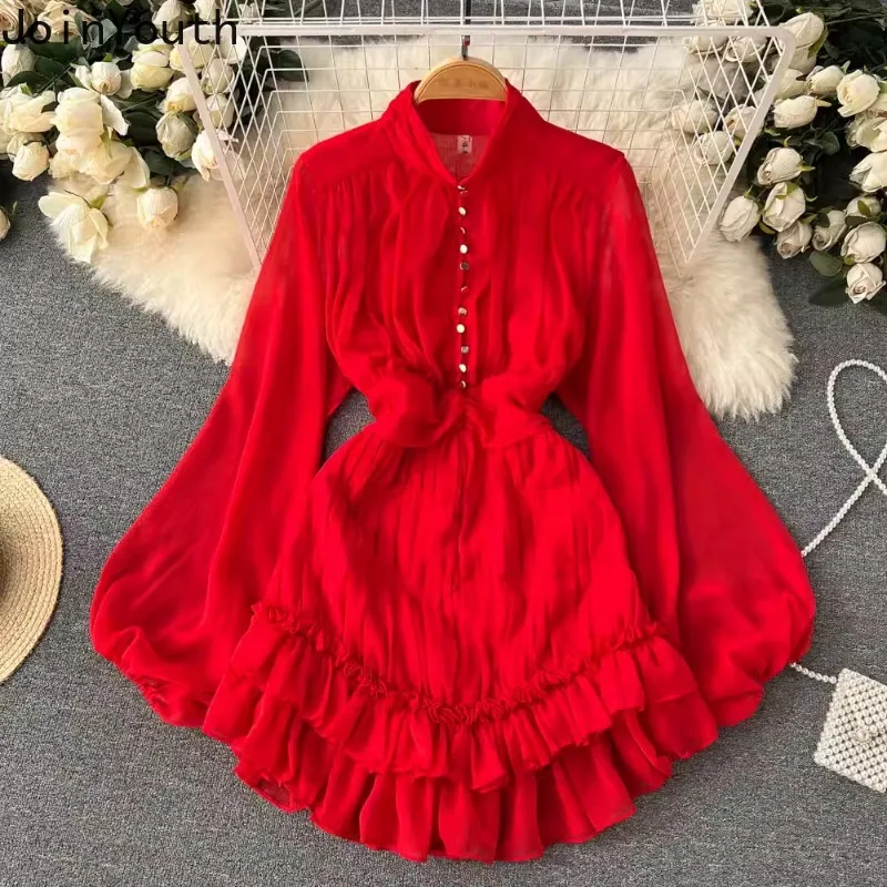 

2024 Vestidos De Mujer Vintage A-line Dress Women Stand Neck Lantern Sleeve Sweet Robe Femme Slim Waist Ruffles Folds Dresses