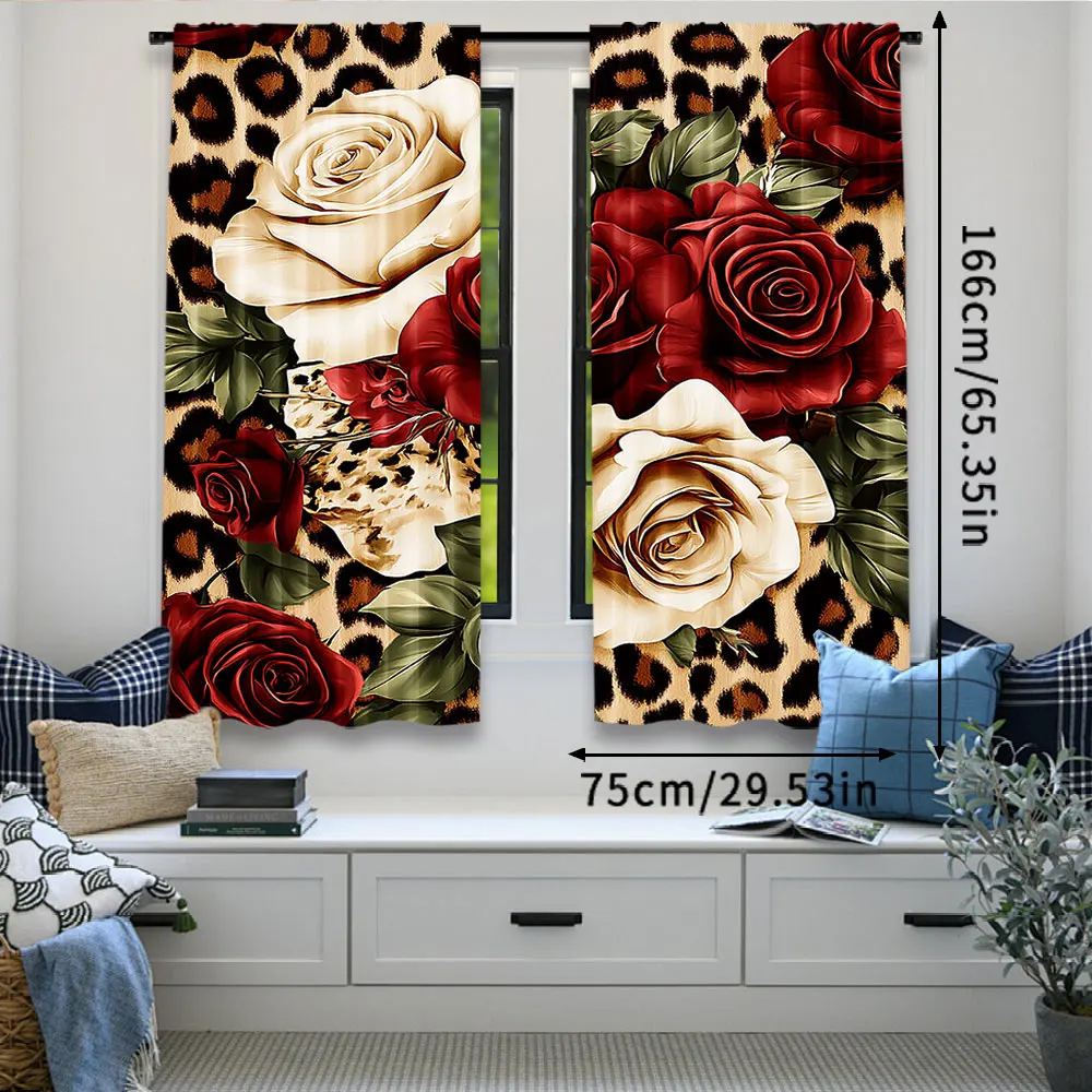 2Pcs Leopard Curtain Red And White Rose Floral Curtain Women Lover Romantic Floral Botanical For Bedroom Living Room And Dining