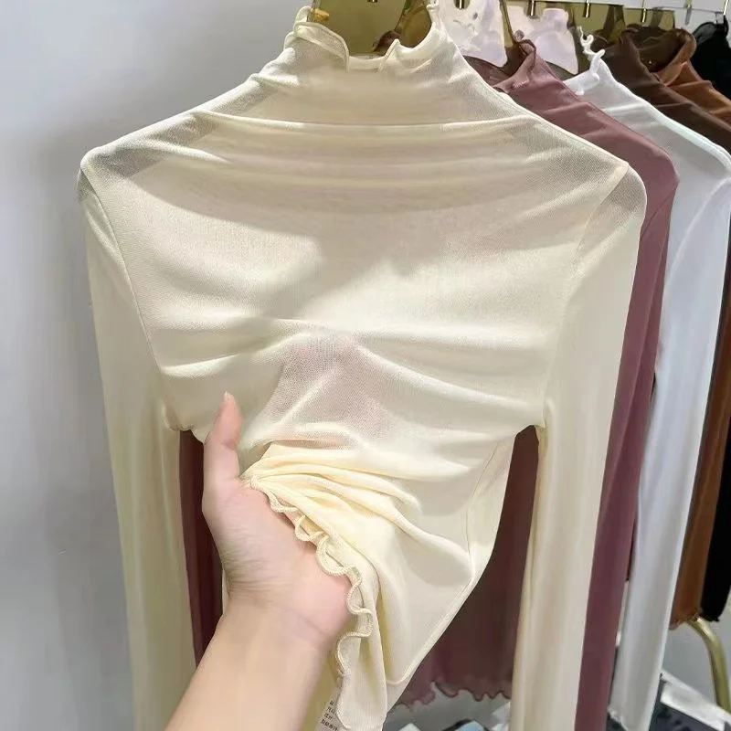 Women's High Collar Lace Base Shirt Long Sleeve Mesh T-Shirt Inner Wear Transparent Wood Grain  Autumn New Style Versatile