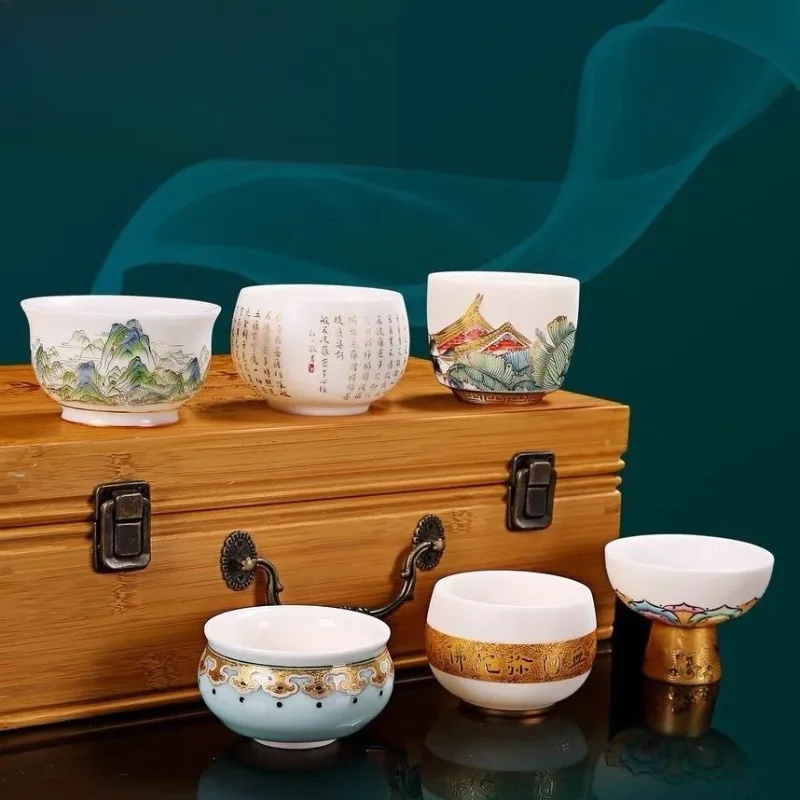 Mid-Autumn Festival gift 6 packs suet jade teacups personal special high-end cup set high-end