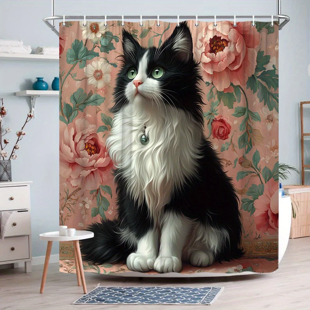 Elegant Black and White Cat with Flowers Shower Curtain Waterproof Easy to Clean Privacy Protection Print Pet Art Design Vintage