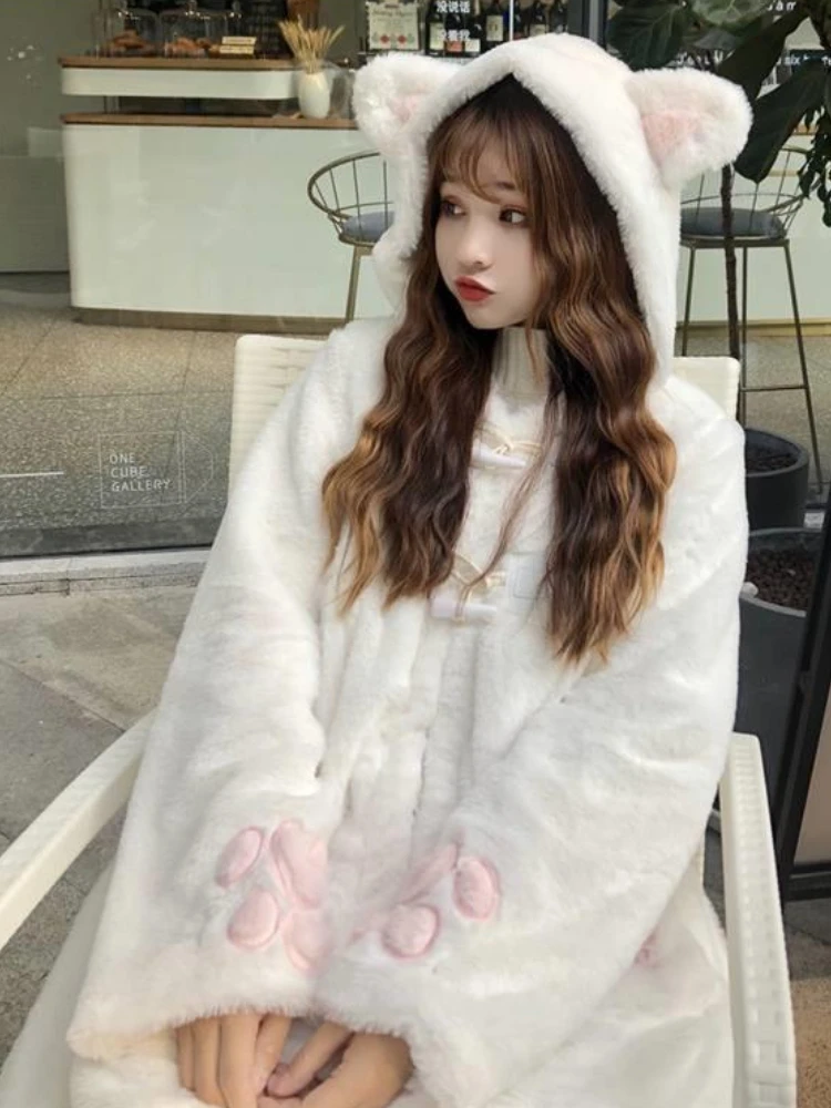 KOSAHIKI Jacket Women Lolita Fleece-lined Girl Soft Kawaii Cat Ear Hat Cute White Coat Japanese Harajuku Preppy Faux Fur Jackets