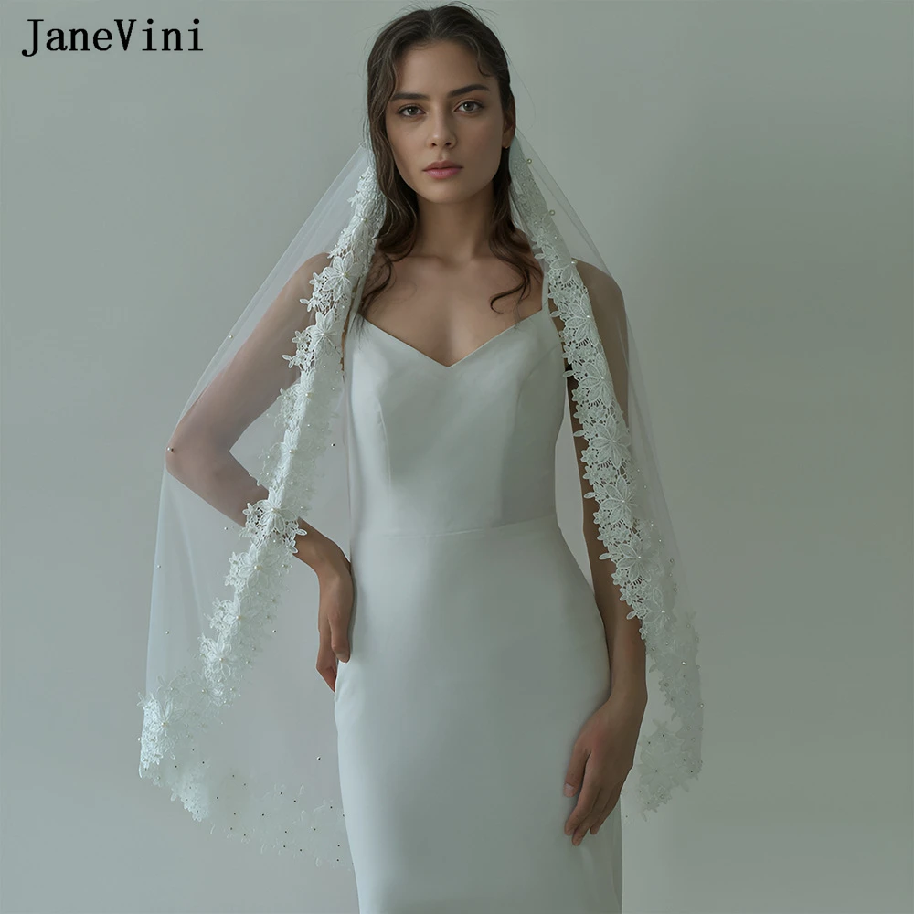 

JaneVini 2024 Elegant White Wedding Veils with Lace Edge Pearls Soft Tulle Bridal Veils 1 Layer Short Head Veil with Metal Comb