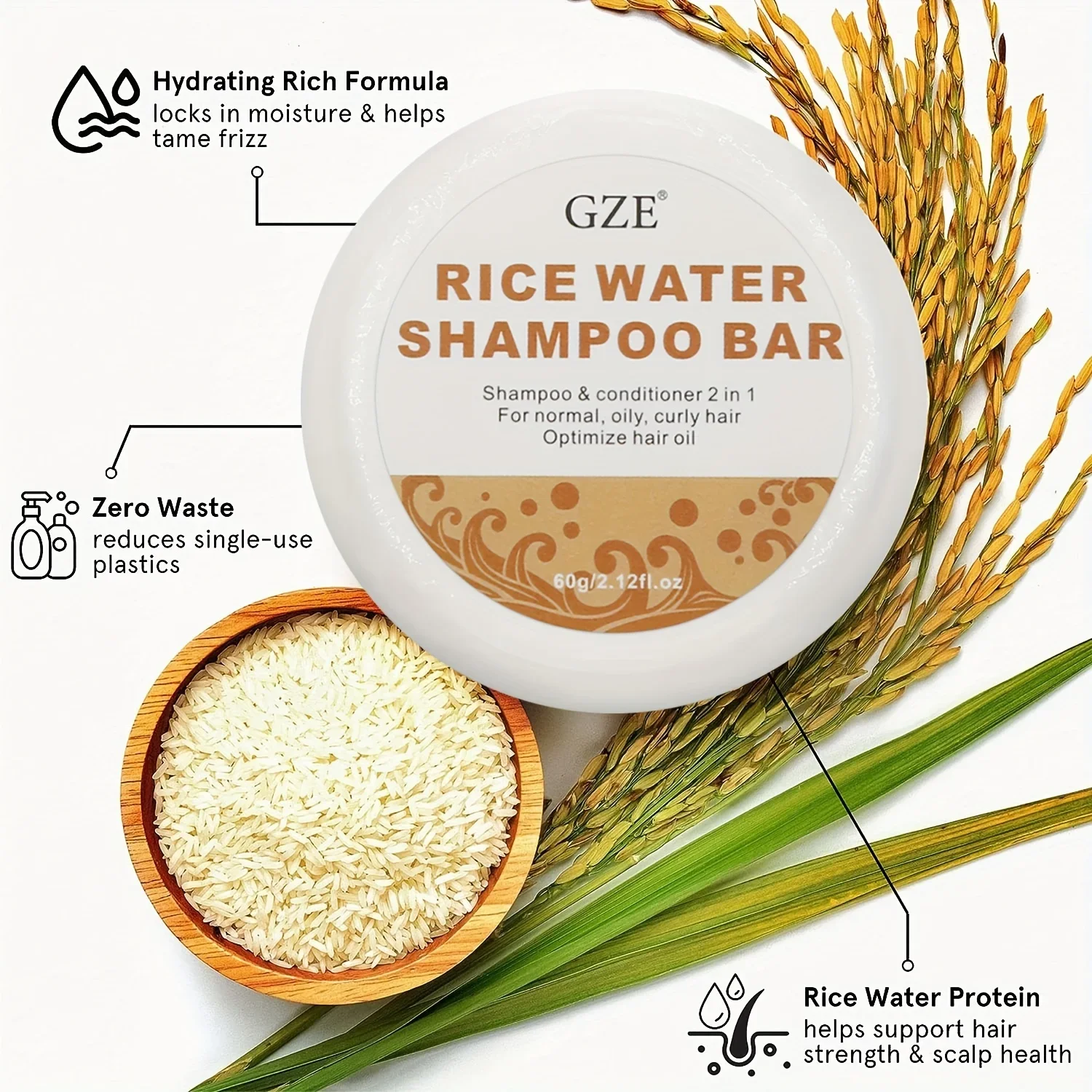 GZE Rice Water Shampoo Bar Soap and Rice Raw Pulp Solid Conditioner For Hair Strengthening, Helps Dry Hair Moisturizing