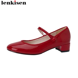 Lenkisen pelle verniciata Shallow Red Mary Janes Big Size punta tonda tacchi grossi primavera autunno scarpe Dress Ins Wedding Women Pumps