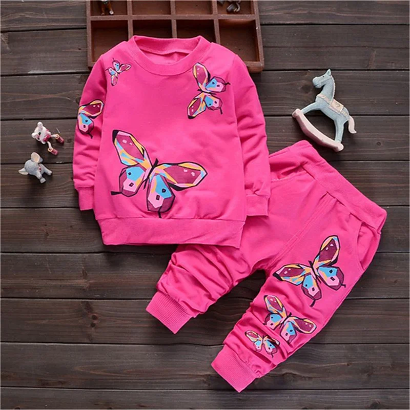 

Autumn girl round neck painted butterfly print coat+casual printed butterfly trousers 2Pcs suit