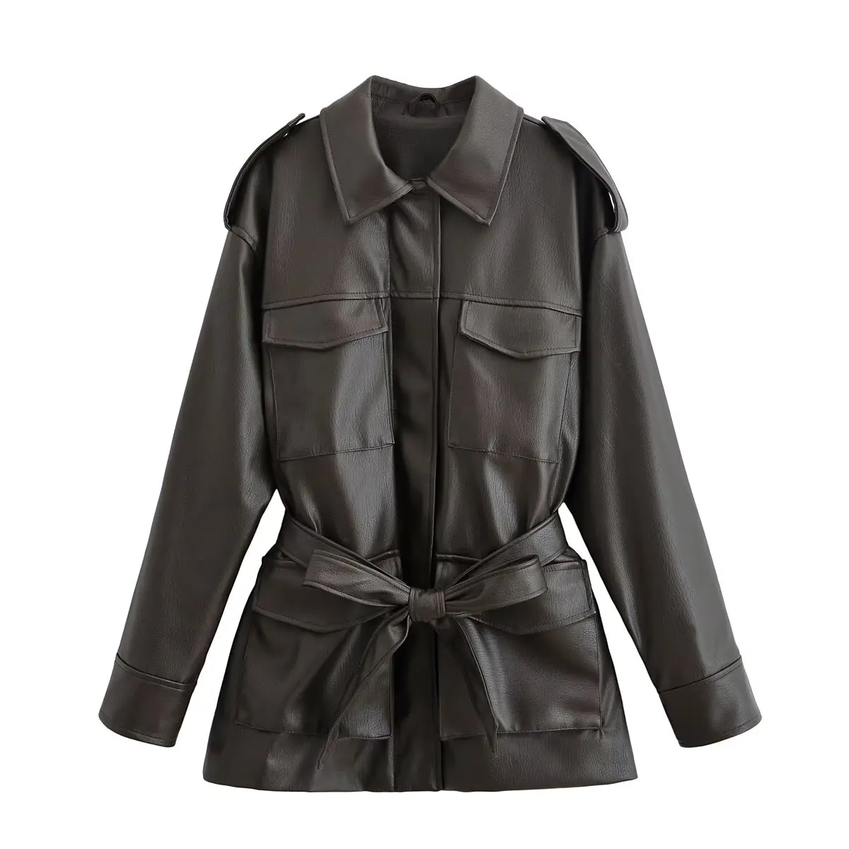 Diyigwoman autumn 2025 new fashion imitation leather with belt jacket retro long sleeve Joker lapel coat Outerwear Mujer