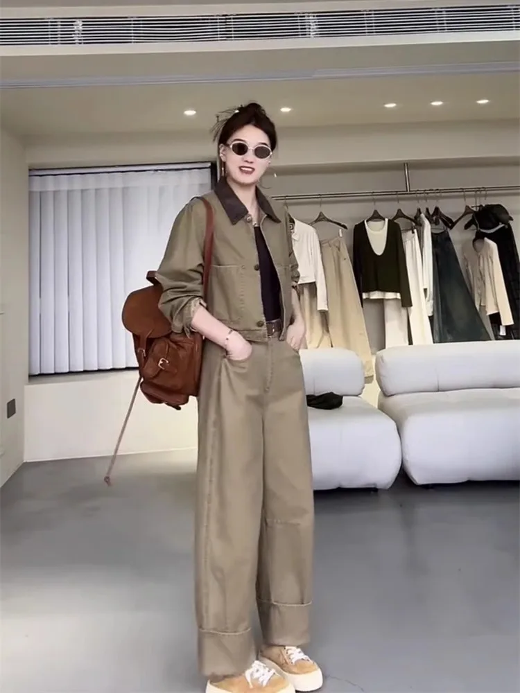 

Autumn new fashionable slimming loose fitting versatile casual temperament lapel collar jacket long pants set for women
