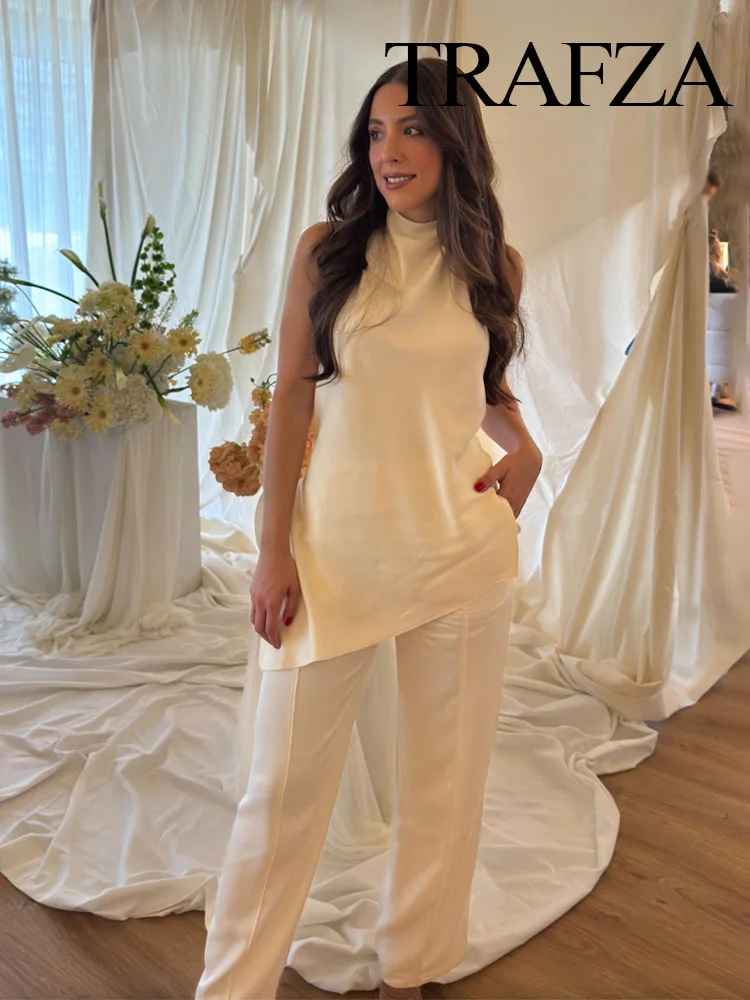 

TRAFZA Female Summer Casual Sets Beige Sleeveless Backless Decoration Tops+High Waist Drawstring Long Pants Women's Fashion Suit