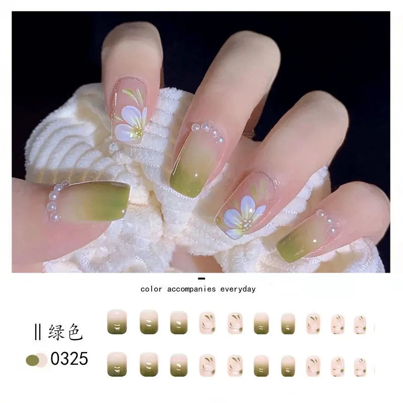 Verde camelia gelsomino fiore marmo smerigliato bara Ballerina unghie finte stampa francese sulle unghie colorate Nail Art punte complete per unghie