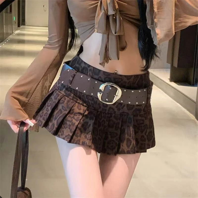 GG Aesthetic Leopard Print High-waist Short Skirt Women's Sexy Hot Girl New Slim Pleated Skirts High Street Retro A-line Skirt