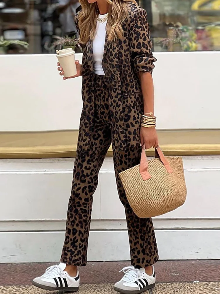 Elastic Waist Pencil Pants Two Pieces Sets, Women Autumn Winter Long Cardigan Top Simple Outfit, Leopard Patchwork Ladies Suits