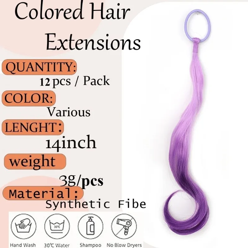 12 szt. Kolorowe Doczepy Syntetyczne 35 cm Lekkie Kolorowe Doczepy dla Dzieci Kręcony Kucyk z Gumką