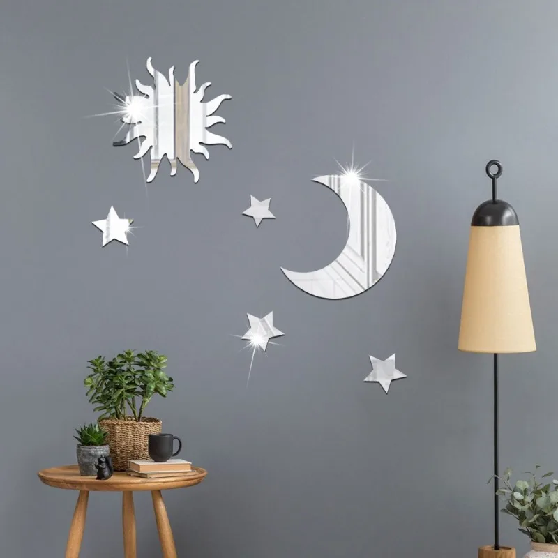 6pcs Star & Moon Combination Mirror Wall Sticker for Bedroom and Living Room - Ramadan Kareem, Holiday, Birthday Party Supplies,