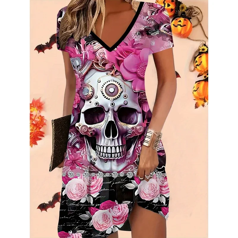 Halloween directional print pink rose skull pattern Sexy, casual, fashionable ethnic-style outfits for traveling - Women's Hallo
