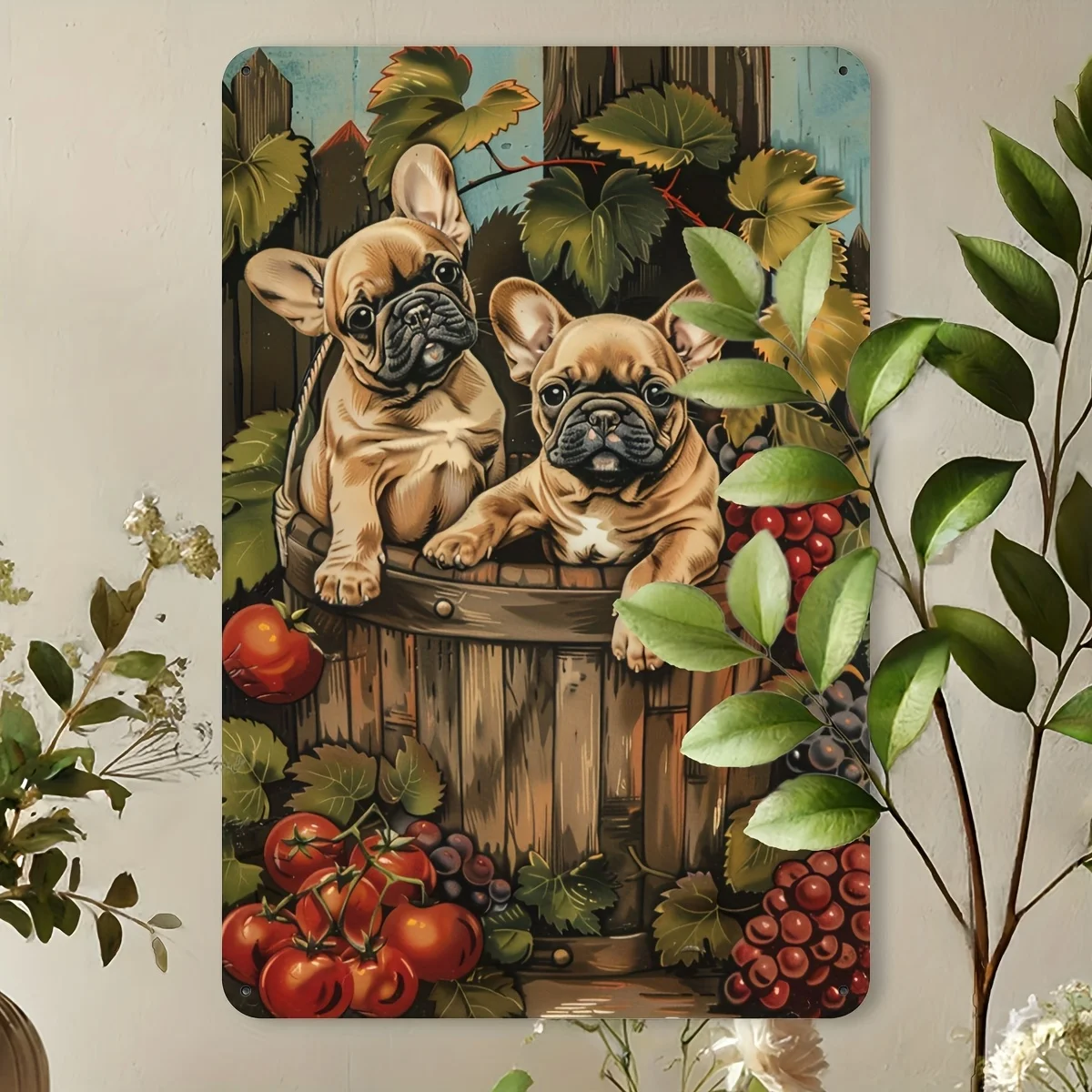 Pack of 1 Vintage French Bulldog with Fruit Metal Sign, 8x12 Inch, Iron Wall Art Decor, for Gym, Bar, Cafe, Garage
