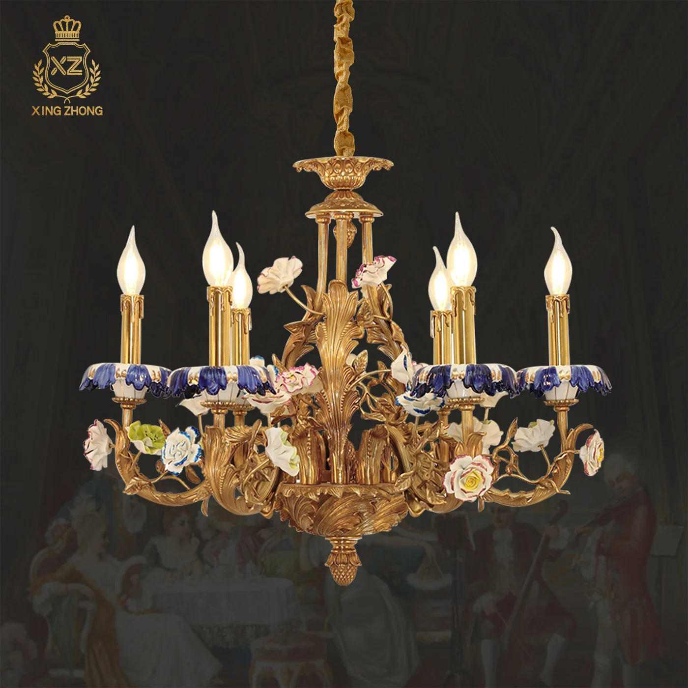 French Neo Classic Art Ceramic Flower Decor Living Room Dining Room Brass Chandelier Villa Bedroom Apartment Pendant Light
