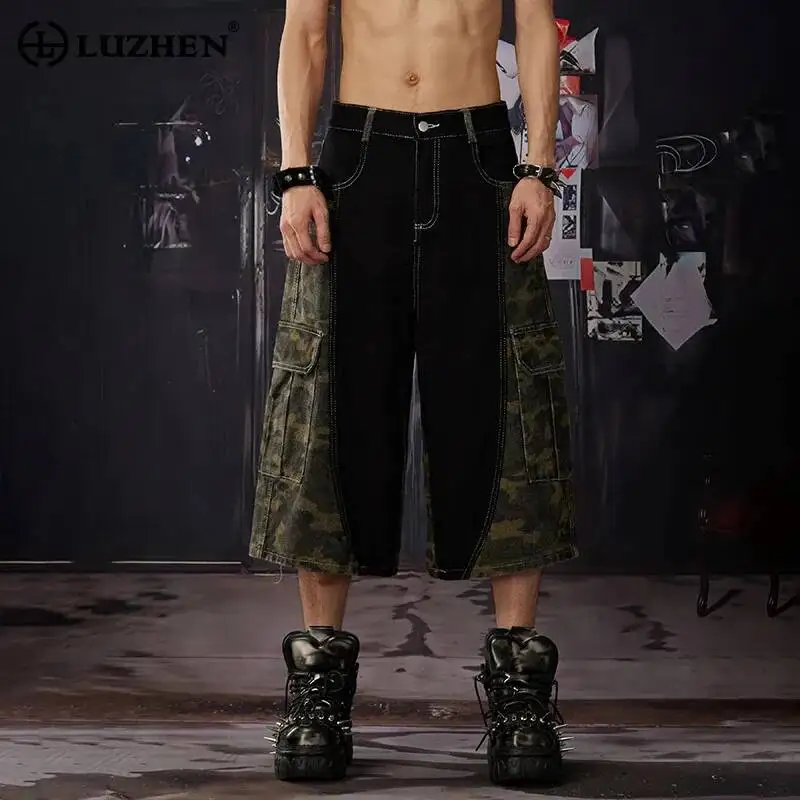 LUZHEN 2026 Summer Fashion Splicing Design Camouflage Printed Straight Cropped Trousers Men's Street Casual Short Pants JY7544