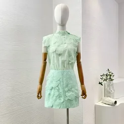 Summer High Quality Women's Mint Green Flowers Appliques Embroidery Sleeveless Blouse Tops and Skirt Set