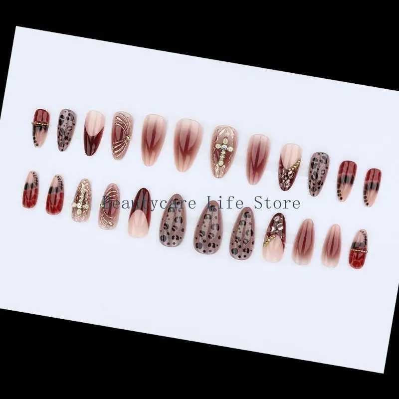 652C Comfortable Fit Press on French Nudes Pink Metal Leopard Print Crosses Highly Shining Finish for Everyday Use