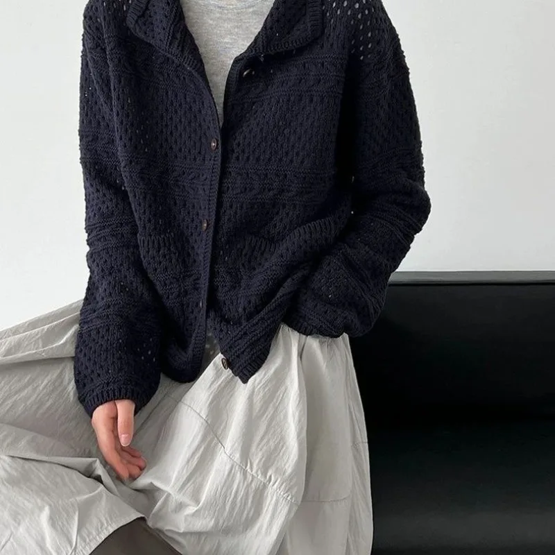 Loose Cardigan Coat 2026 Autumn Winter Clothing Sueter Mujer Korean Pull Femme Hollow Out Vintage Solid Color Knitting Sweater