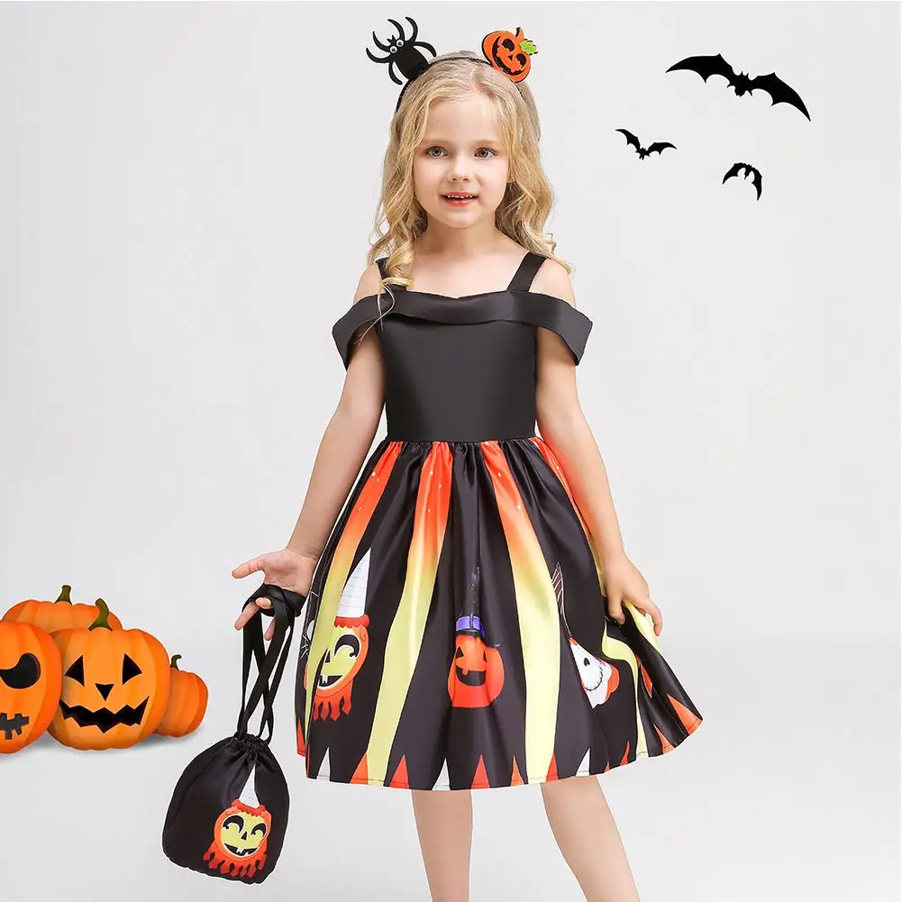 Halloween Abóbora vestido estampado para crianças, Trajes Cosplay para meninas, Trajes de carnaval para meninas, Trajes de festa disfarçados para crianças