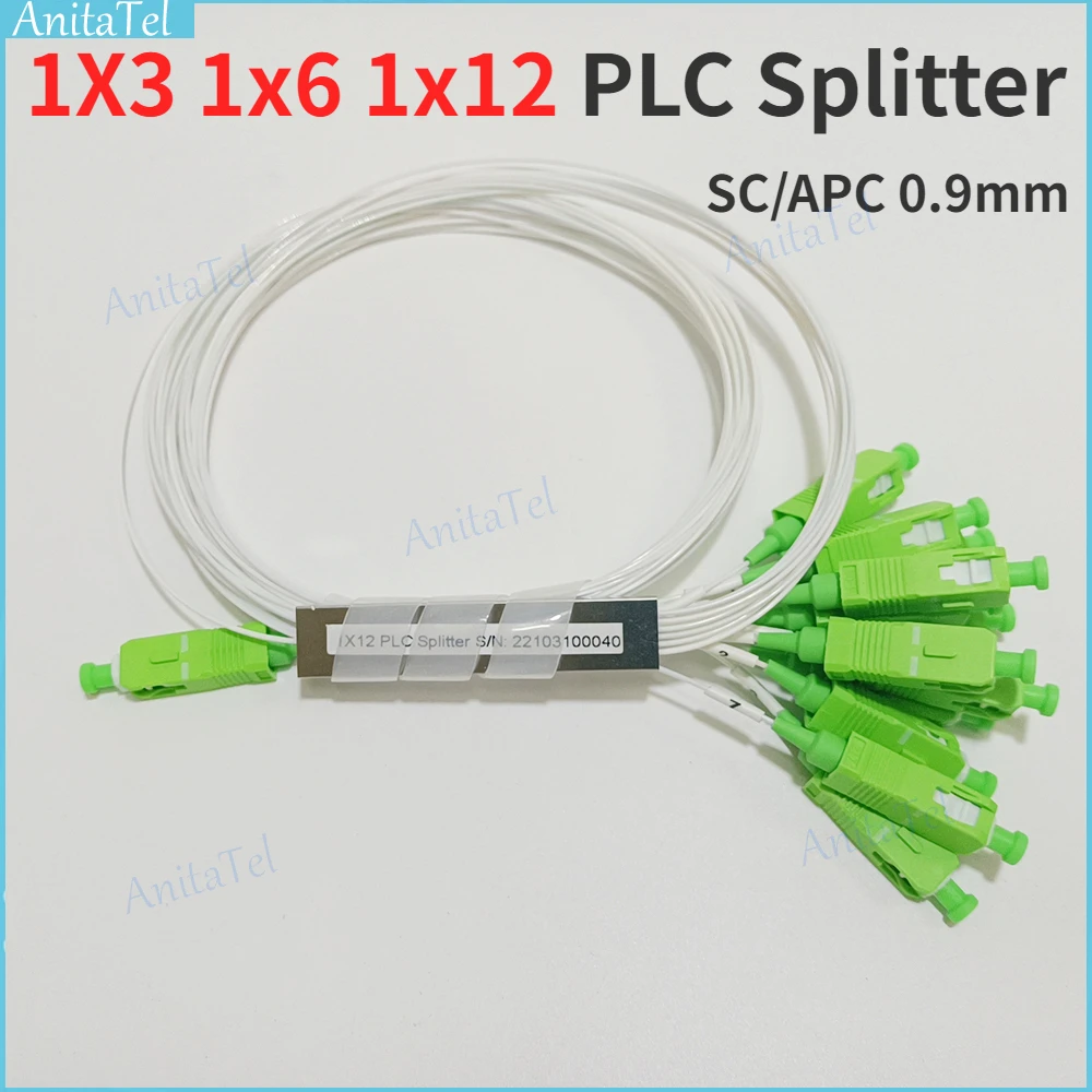 

1x3/6/12 SM 0.9mm 1X3 1x6 1x12 SC APC Fiber Optic PLC Splitter G657A1 PVC 1m SM FTTH Optical PLC Splitter SC/APC