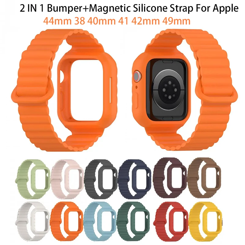 Magnetic Silicone Strap+Case For Apple Watch Ultra 2 49mm 9 8 7 45mm 41mm Protective Shell Kit IWatch 6 SE 44mm 42 38 40mm Band