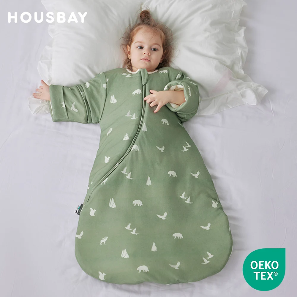 

0-24 Months Baby Sleeping Bag With Removable Sleeves Anti-Kick Blanket Wearable Baby Sleepsacks Beige Printed For Girls Boys