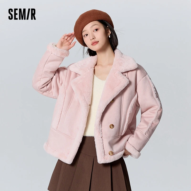 Semir Jacket Women Faux Suede Faux Rabbit Fur Warm 2023 Winter New Lapel Motorcycle Style Retro Loose Jacket