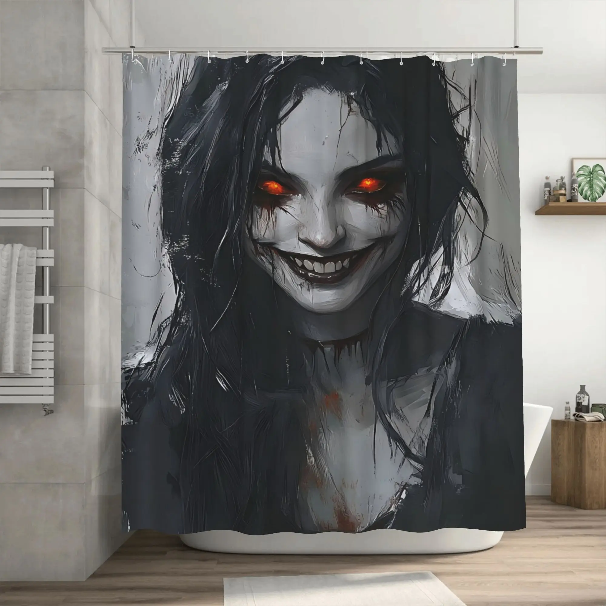 Gothic Glow Woman Shower Curtain – Red Eyes & Blood Splatter Design, Dark Tones,  Machine Washable Horror-Themed Bathroom Decor