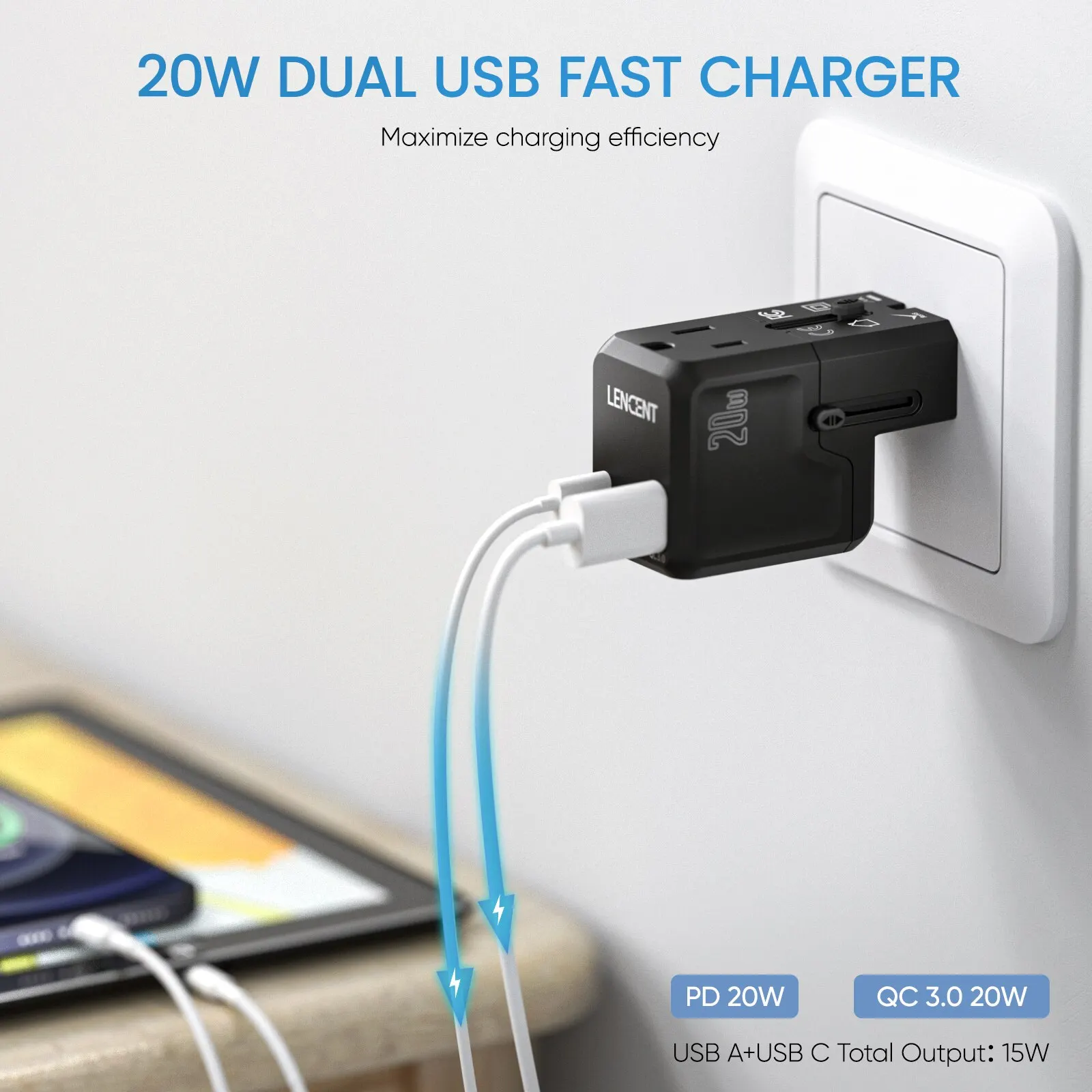 LENCENT-Adaptateur de voyage universel avec 1 prise secteur, 1 port USB QC 3.0 et 1 chargeur rapide PD 20W, adaptateur secteur pour US EU UK AUS