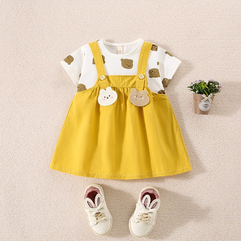 (6-24 Months) Summer New Small Bear Short Sleeved Baby Girl Dress, Fake Two Children\'S Clothes