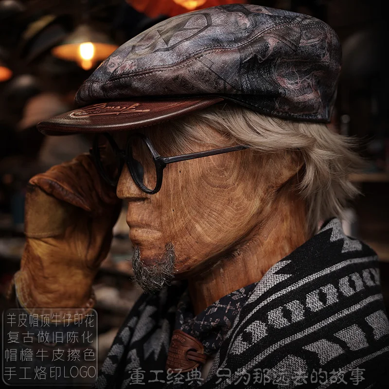 

Handmade Amekaji Colonel Leather Beret Artistic Female Peaked Cap Ins Fashion Retro Hat Men Brands