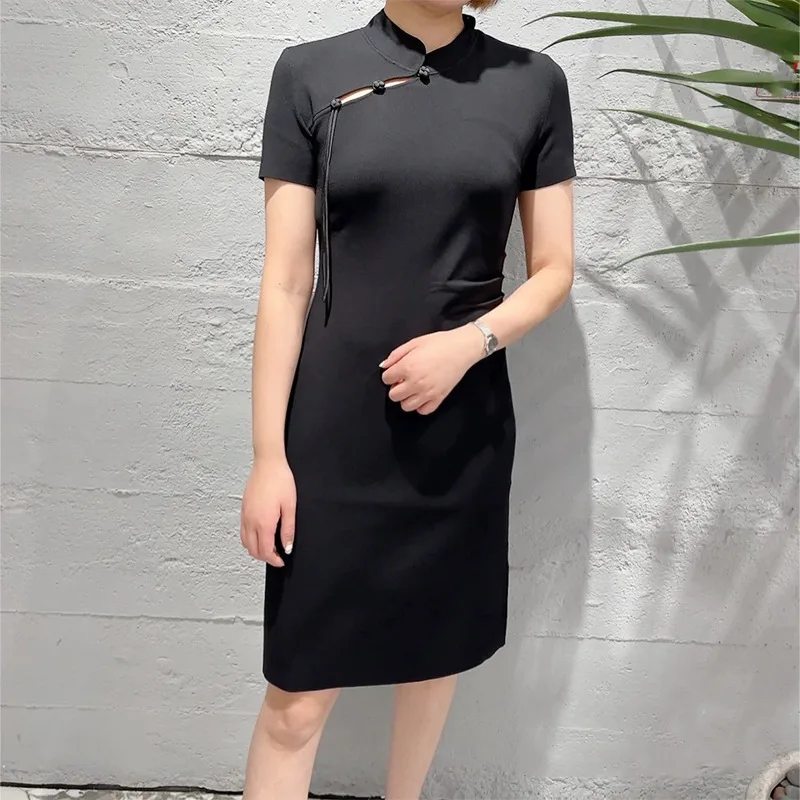 

Женское черное трикотажное платье, китайское элегантное мини-платье Cheongsam