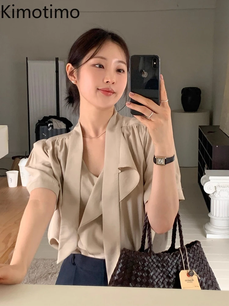 

Kimotimo Elegant Ribbon V Neck Folds Chic Shirt Women 2025 Summer Vintage Solid Short Sleeve Tops Temperament Versatile Blouse
